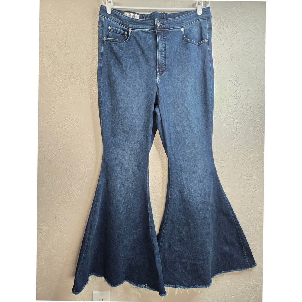 Western Flare Bell Bottom Jeans Sz 34 Blue Denim Lace Up High Rise Boho Festival